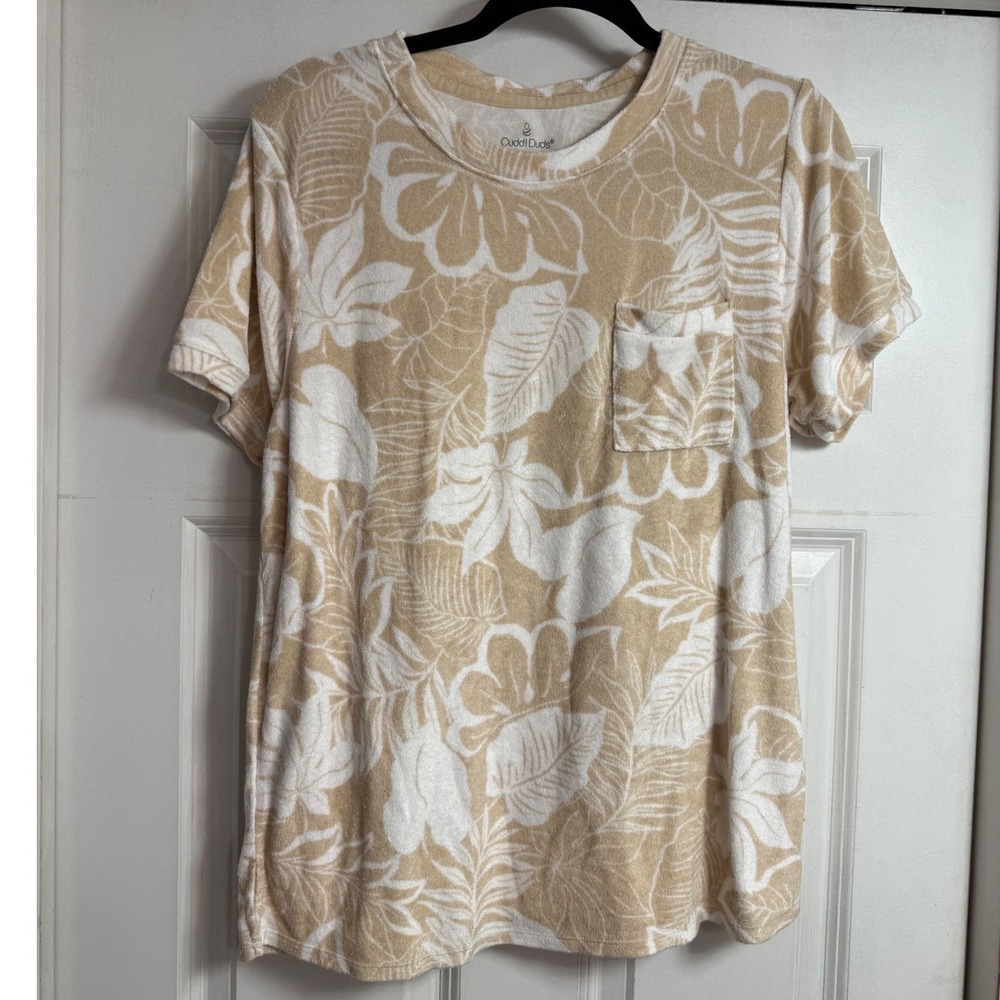 Cuddl Duds Tan White Tropical Leaf Terry Cloth Pocket T-Shirt Large